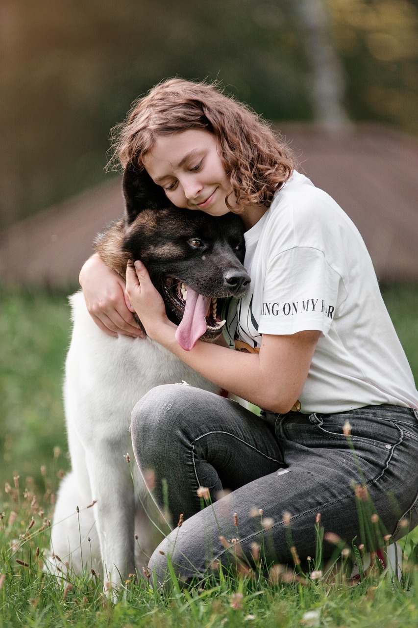 dog, girl, love, pet, owner, companion, nature, friends, friendship, happy, animal, akita, portrait, pet owner